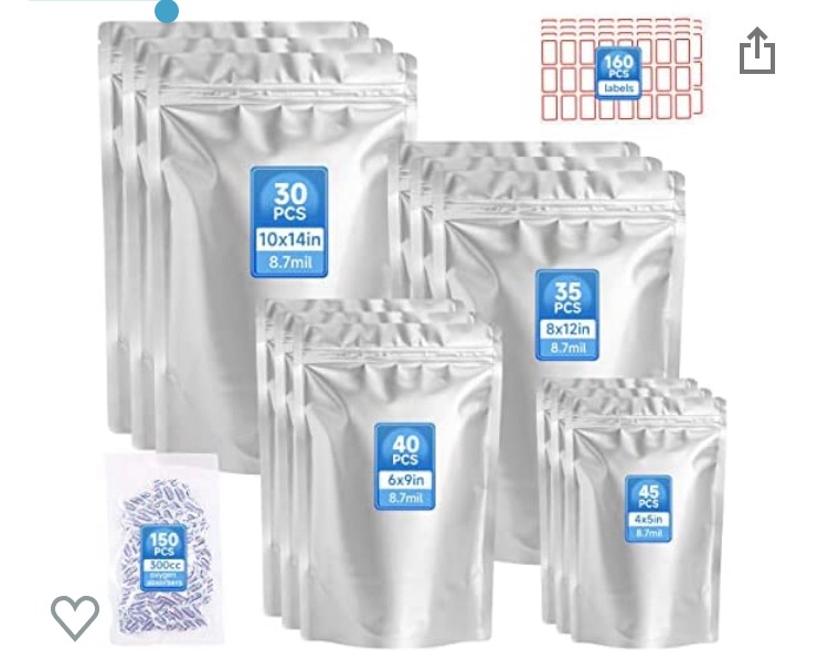 Photo 1 of 150pcs Mylar Bags for Food Storage, 1 Gallon 8.7 Mil Mylar Bags with 150pcs 300cc Oxygen Absorbers, 4 Sizes Stand Up Smell Proof Ziplock Sealable Bags - 10x14-8x12-6x9-4x5 in