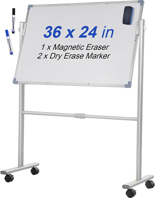 Photo 1 of VEVOR Mobile Magnetic Whiteboard, 36 x 24 Inch, Double Sided, 360 Degree Reversible Rolling Dry Erase Board, Height Adjustable with Aluminum Frame and Lockable Swivel Wheels, for Office School Home
