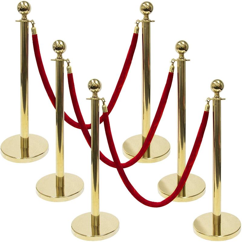 Photo 1 of 6PCS Stanchion Set, Stanchion Posts Queue Pole 5FT 3 Red Velvet Ropes Crowd Control Barrier, Gold
