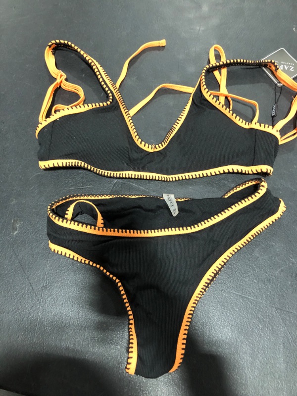 Photo 2 of ZAFUL Women's Ribbed Contrast Whip Stitching Tank Padded Bikini Set Swimwear (O-Black, M)