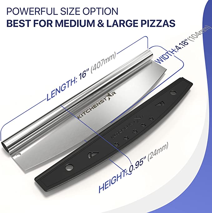 Photo 2 of 18" Pizza Cutter by KitchenStar | Sharp Stainless Steel Slicer Knife - Rocker Style w Blade Cover | Chop and Slices Perfect Portions + Dishwasher Safe – Premium Pizza Oven Accessories 18 inches Silver