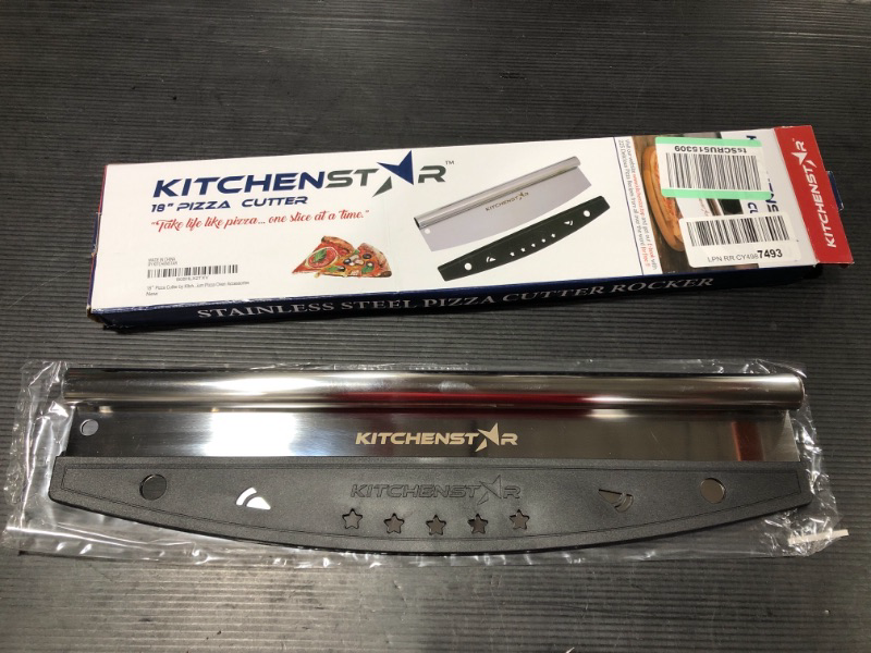 Photo 1 of 18" Pizza Cutter by KitchenStar | Sharp Stainless Steel Slicer Knife - Rocker Style w Blade Cover | Chop and Slices Perfect Portions + Dishwasher Safe – Premium Pizza Oven Accessories 18 inches Silver