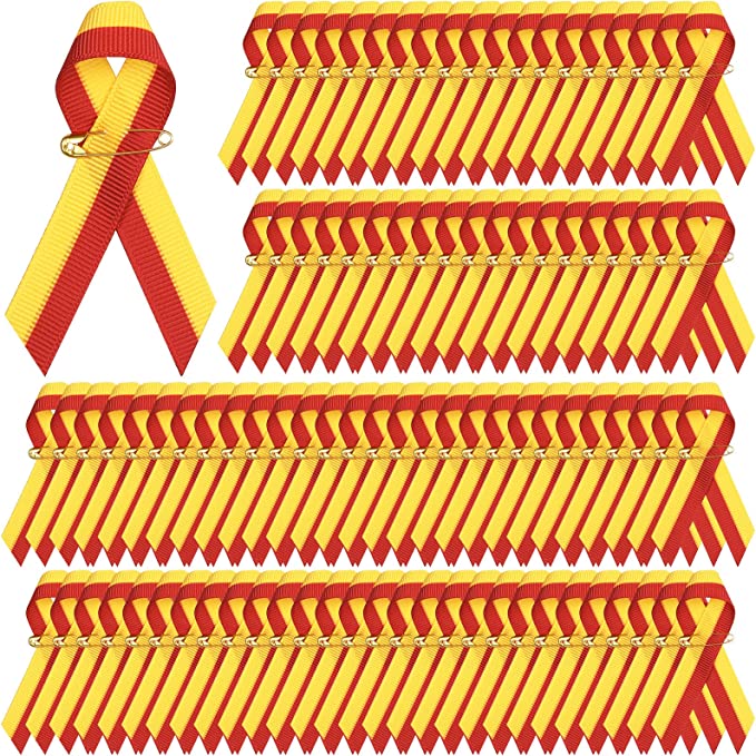 Photo 1 of Yellow Red Awareness Ribbon Pins Satin Ribbon Lapel Pins Fabric Ribbons with Safety Pins for Women Men Girls Boys (300 Pcs) 