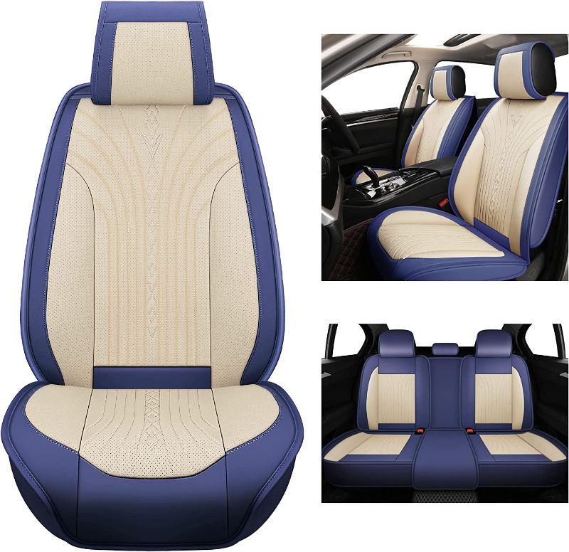 Photo 1 of YUHCS Leather Car Seat Covers, Car Seat Covers Full Set, Breathable Automotive Seat Covers for Cars SUV Pickup Truck, Universal Waterproof Car Seat Cover Vehicle Cushion Cover, Beige and Blue
