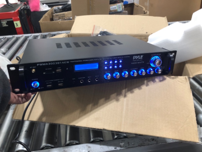 Photo 2 of Bluetooth Home Audio Power Amplifier -4 Ch. 3000W, Stereo Receiver w/ Speaker Selector, FM Radio, USB, Headphone, 2 Wireless Mics for Karaoke, Great for Home Entertainment System - Pyle PWMA3003BT.NEW