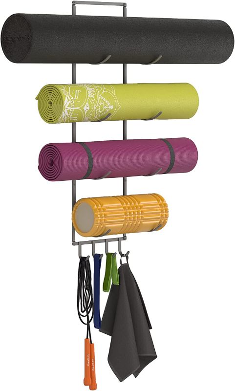 Photo 1 of YouHaveSpace Tulum Yoga Mat Holder, Wall Storage Rack for Foam Roller Set, Yoga Mats, Towel Rack with 4 S Hooks, 4 Sectional, Metal, Gray
