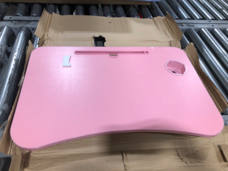 Photo 1 of KPX Portable Laptop Bed Table, Fordable Lap Desk with Cup Slot & Notebook Stand Breakfast Bed Trays for Eating and Laptops Book Holder Lap Desk for Floor,Couch, Sofa, Bed, Terrace, Balcony (Pink)