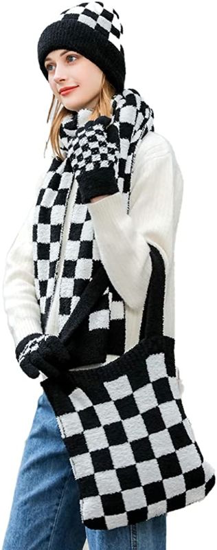 Photo 1 of 4PCS Womens Winter Warm Fleece Checkered Knit Beanie Hat Scarf Gloves Handbag Set.

