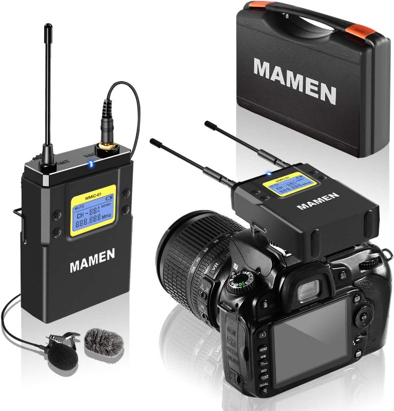 Photo 1 of MAMEN 50-Channel UHF Wireless Lavalier Microphone System with 1 Receiver, 1 Transmitters, Dual Wireless Lapel Mics for iPhone DSLR Cameras, 330' ft Audio Range
