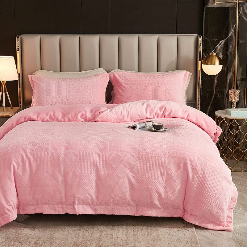 Photo 1 of [Size Twin] Fluffy Vintage Bedding Set Boho Carved Flannel Duvet Cover Set with Pillow Shams Shabby Chic Home Decor for All Seasons (Pink, Twin)