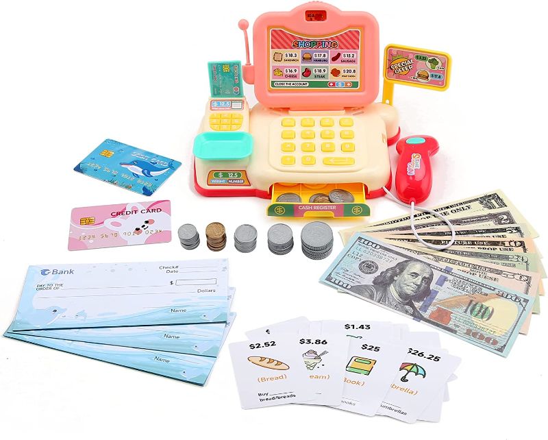 Photo 1 of 216 Pcs Play Money for Kids with Cash Register, Plastic Fake Coins, Fake Play Checkbooks, Credit and Debit Cards, Play Flash Cards