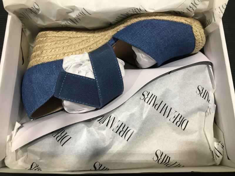 Photo 2 of [Size 6.5] DREAM PAIRS Womens Close Toe Espadrilles Dressy Platform Sandals Slip on Elastic Criss Cross Ankle Straps Wedges- Denim Blue