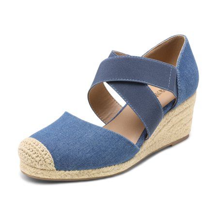 Photo 1 of [Size 6.5] DREAM PAIRS Womens Close Toe Espadrilles Dressy Platform Sandals Slip on Elastic Criss Cross Ankle Straps Wedges- Denim Blue