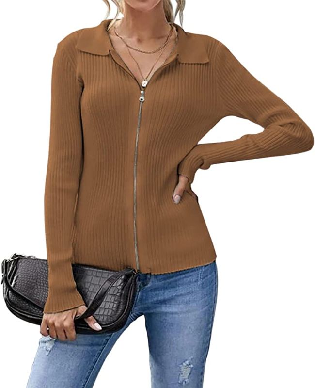 Photo 1 of [Size XXL] Koinshha Women's Long Sleeve Strtipe Zip Cardigan Casual Lightweight Solid Color Warm Coat Sweater 