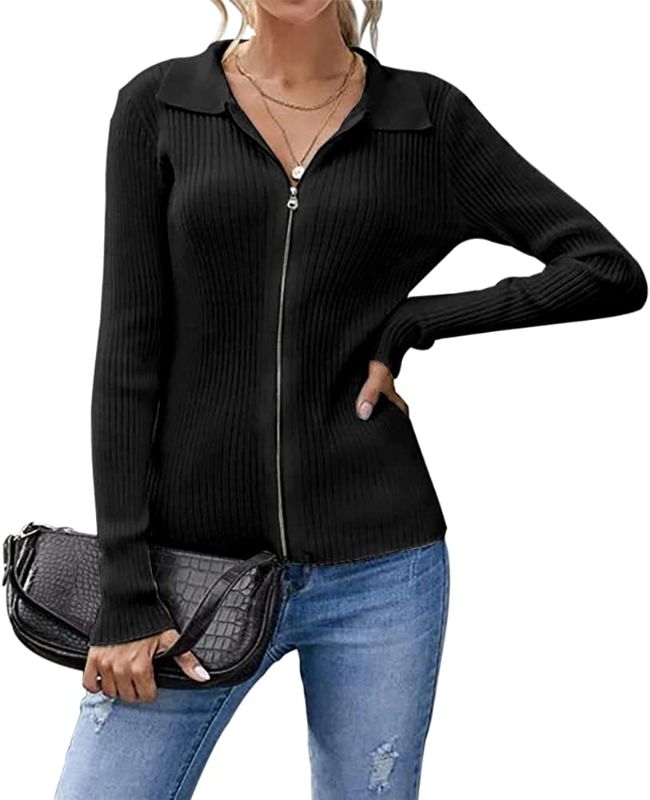 Photo 1 of [Size L-XL] Koinshha Women's Long Sleeve Strtipe Zip Cardigan Casual Lightweight Solid Color Warm Coat Sweater
