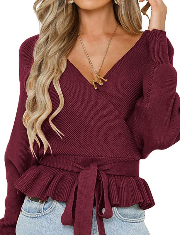 Photo 1 of [Size XXL] favastee Women Wrap V Neck Sweater Batwing Long Sleeve Belt Waist Sweaters Solid Short Sweaters Knit Pullover Tops 