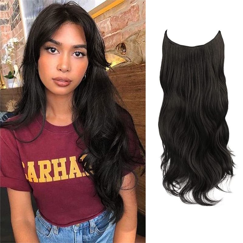 Photo 1 of  Curly Wire Hair Extensions 18 Inch Synthetic Hairpiece Invisible Wire Hair Extensions with Secure Clips Adjustable Size Darker Brown Hair