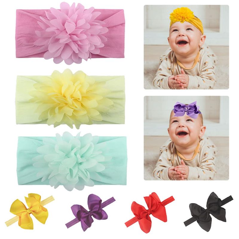 Photo 1 of 7PCS Baby Turban Headband for Baby Girls Soft Nylon Butterfly Floral Print Newborn Headwrap