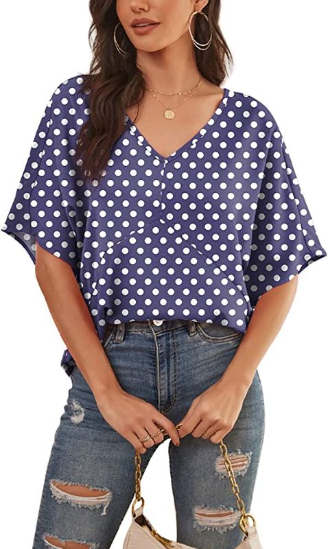 Photo 1 of [Size 2XL] Feiersi Womens Floral Chiffon Blouses V Neck Batwing Short Sleeve Summer Tops Shirts
