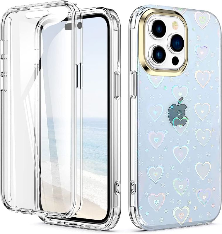 Photo 1 of  iPhone 14 Pro Case, (with Built-in Screen Protector) Shockproof Slim Soft TPU+Hard Plastic Full Body Protective Case- Clear Holographic Heart Shape
