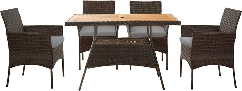 Photo 1 of (SOLD BY PARTS ONLY) Teamson Home 5 Pieces Outdoor Furniture Patio Dining Set with Rectangle Acacia Solid Wood Tabletop and PE Wicker Armchairs for Outdoor Garden Backyard, Brown
