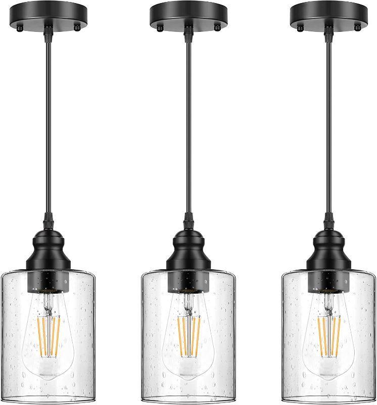 Photo 1 of 3-Pack Industrial Pendant Lights, Seeded Glass Pendant Lamp Shade, Modern Indoor Hanging Light Fixtures, Black Farmhouse Ceiling Light for Hallway Porch Corridor Kitchen Bedroom, Bulb Not Included 