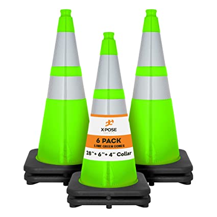 Photo 1 of 28” Lime Green Traffic Cone - 6 Pack - Dual 6" & 4" Reflective Collar – Multipurpose Premium PVC Safety Cone for Parking, Caution, Construction, Road Crews, Emergency Vehicle - Xpose Safety
