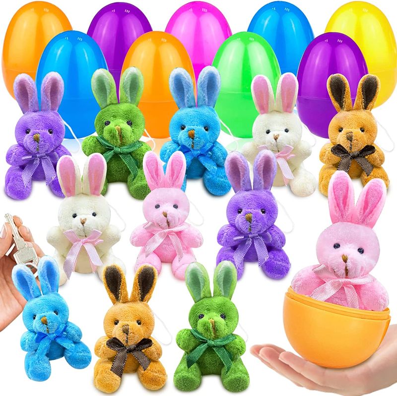 Photo 1 of 12 Pack Easter Basket Stuffers with 4" Plush Bunny Keychain Toys, Easter Eggs Bunny Animal Plush Easter Basket Stuffers Prefilled for Kids Party Favors Surprise Easter Eggs Hunt Games
