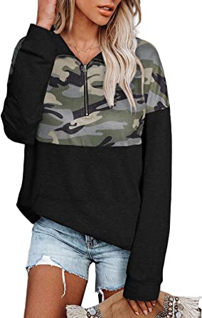 Photo 1 of Aleumdr Women Casual Long Sleeve 1/4 Zipper Color Block Sweatshirts Stand Collar Pullover Tunic Tops with Pockets XL