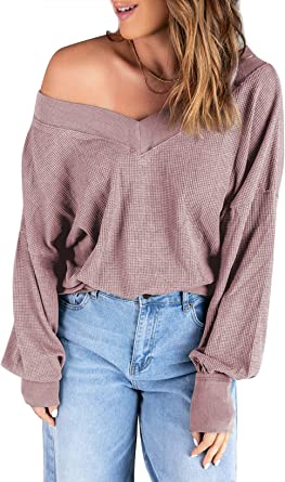 Photo 1 of Aleumdr Women's V Neck Long Sleeve Waffle Knit Sweater Off Shoulder Pullover Jumper Tops L