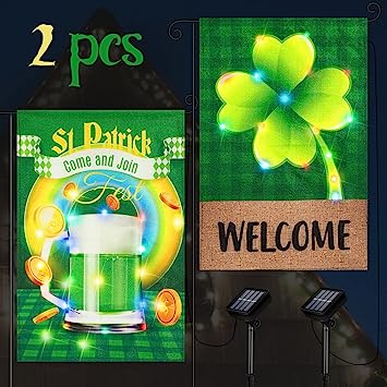 Photo 1 of 2 Pcs St Patricks Day Garden Flag Beer Shamrock LED Lighted Welcome Buffalo Plaid Yard Outdoor Decoration 18.5 x 12.6 Inch Double Sided Irish Flag St Patricks Day Decorations Spring Holiday Yard Flags