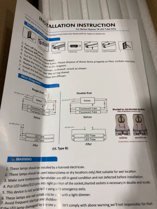 Photo 3 of 20 Pack 4FT LED T8 Ballast Bypass Type B Light Tube, 18W, 2400lm for Single-Ended & Dual-Ended Connection, 5000K, Frosted Lens, T8 T10 T12 Tube Light for G13, 120-277V, UL Listed