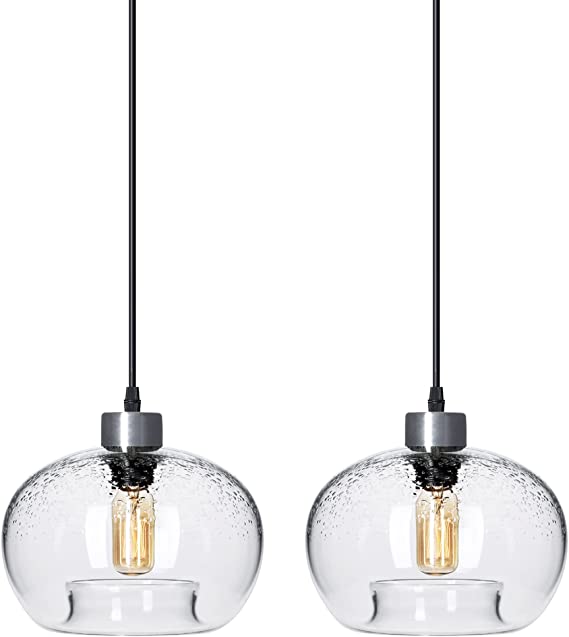 Photo 1 of CASAMOTION Pendant Lighting Blown Glass Kitchen Island Lights Clear Bubble Brushed Nickel 9" Diam 2-Pack 