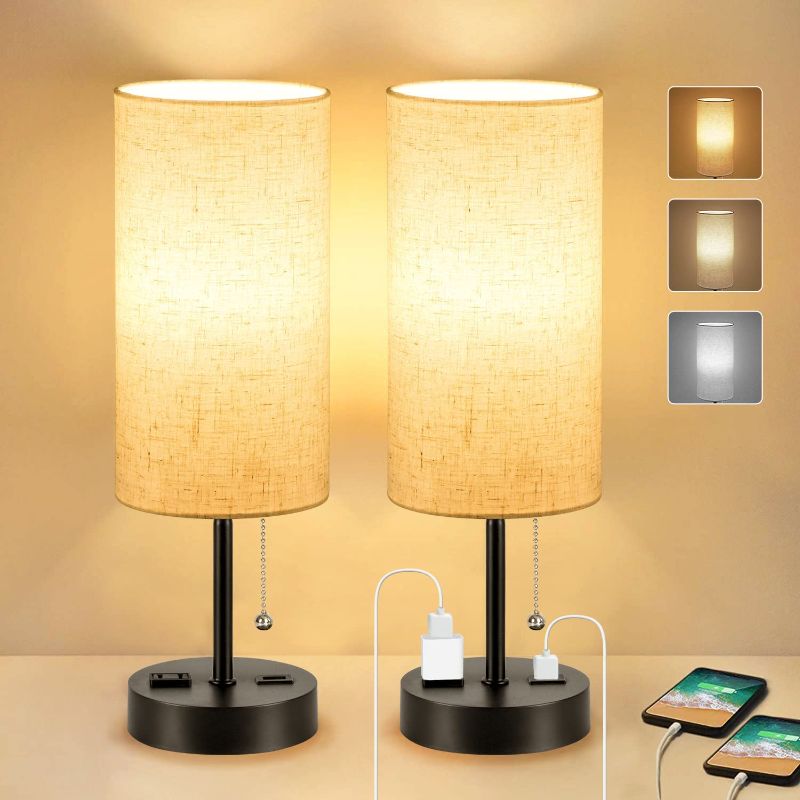 Photo 1 of KBest Set of 2 Bedside Table Lamps for Bedroom Living Room, Small Table Lamp with USB Charging Port & AC Outlet, 2700K 4000K 5000K Pull Chain Nightstand...
