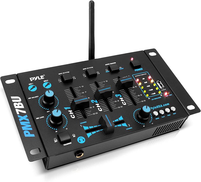 Photo 1 of Pyle, 3 Wireless Audio Machine-3 Channel Bluetooth Compatible DJ Controller Sound Mixer System with Mic-Talkover, USB Reader, Dual RCA Phono/Line in, Microphone Input, Headphone Jack PMX7BU
