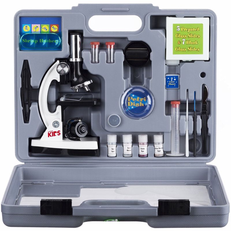 Photo 1 of AmScope 120X-1200X 52-pcs Kids Beginner Microscope STEM Kit,White & National Geographic Science Magic Kit - Perform 20 Unique Experiments as Magic Tricks, Includes Magic Wand and Over 50 Pieces White Kit + Science Magic Kit