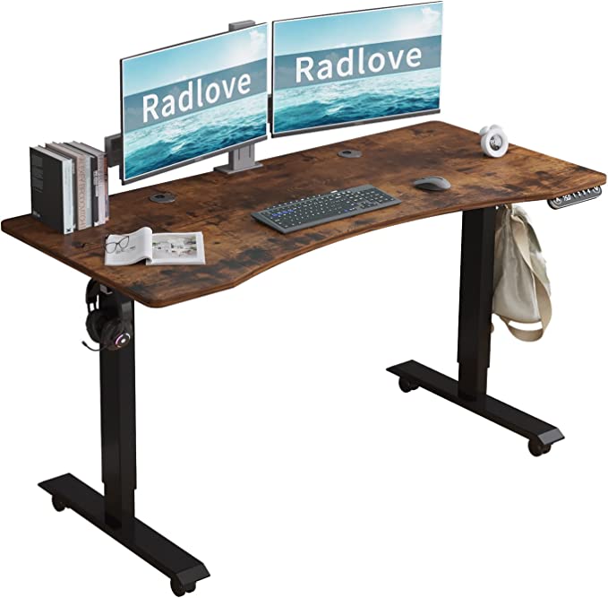 Photo 1 of Radlove Electric Standing Desk, 55 x 30 Height Adjustable Computer Desk Sit Stand Desk Home Office Desks with Splice Board and A Under Desk Cable Management Tray (Black Frame + Rustic Brown Top)
