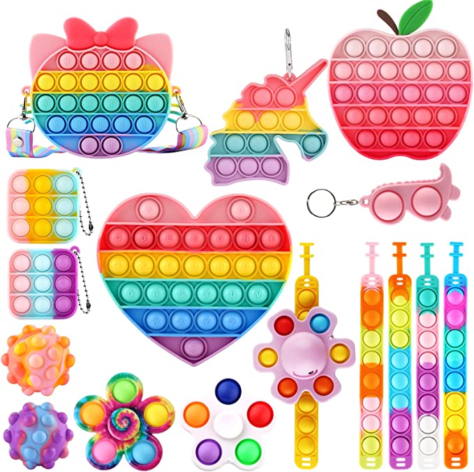 Photo 1 of Abesee 16 Pack Fidget Toy Pack Set, Push Bubble Pop Popper Fidget Pack with Pop Purse/Bracelet/Keychain/Spinner, Pop Shoulder Fidget Bag Set Popper Fidget Purse Pack for Kids Adults to Release Stress