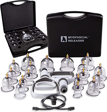 Photo 1 of Myofascial Releaser Professional Cupping Therapy Set - 18 Multi-Sized Vacuum Cups with Two Hand Pumps and Detailed Cupping Book - Massage Cupping Set for Massage Therapists