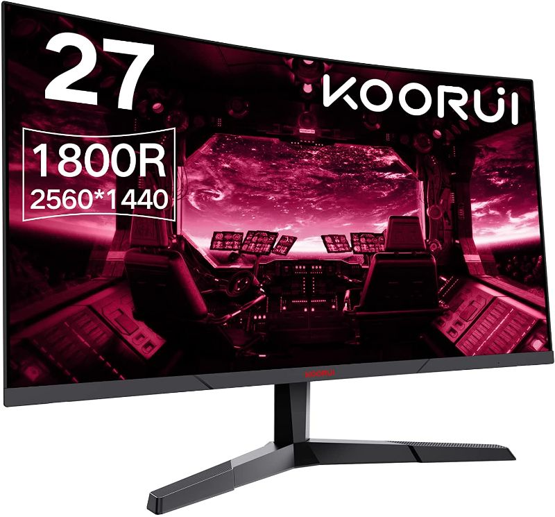 Photo 1 of KOORUI 27 Inch Computer Monitor, QHD 2560P Gaming Monitor 144Hz(1ms, 1800R Curved VA Panel, DP1.2+HDMI*2, Build-in FreeSync, Compatible G-sync, Narrow Bezel with Ultra-Thin), Tilt Adjustable,Eye Care
