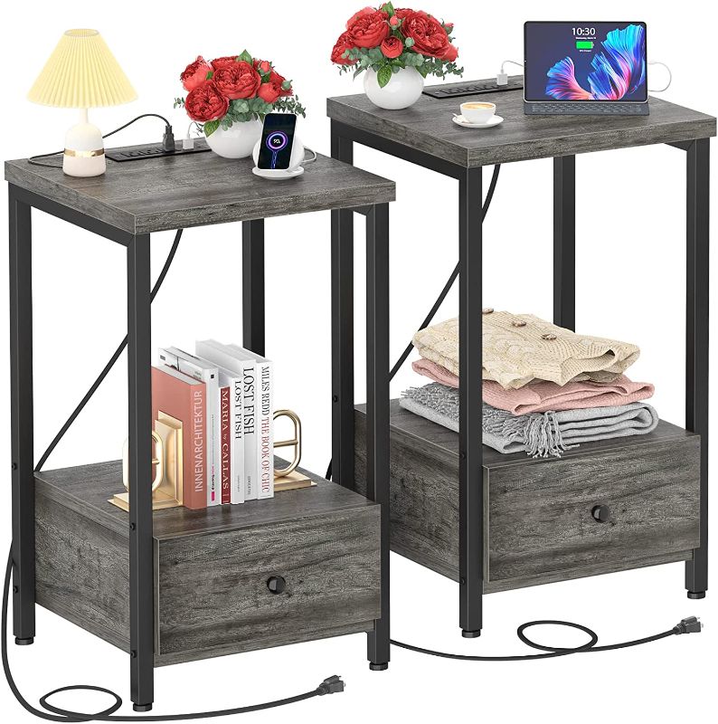Photo 1 of Ecoprsio Nightstands Set of 2 with Charging Station, Modern Nightstand Bedside Table with Storage Drawer and Shelf, Small End Table with USB Ports & Power Outlets for Bedroom Living Room, Grey