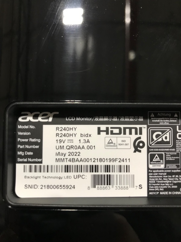 Photo 1 of Acer R240HY Bidx 23.8-Inch IPS HDMI DVI VGA (1920 X 1080) Widescreen Monitor, Black
