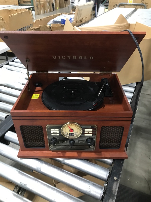 Photo 4 of Victrola Nostalgic 6-in-1 Bluetooth Record Player & Multimedia Center with Built-in Speakers - 3-Speed Turntable, CD & Cassette Player, FM Radio | Wireless Music Streaming | Mahogany
