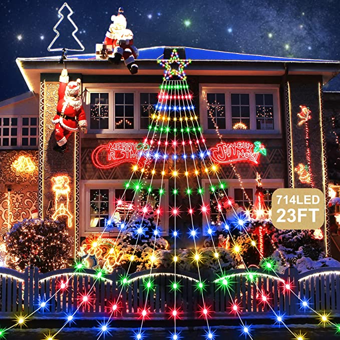 Photo 1 of 23FT Christmas Decoration Outdoor Star Lights, 714LED Waterfall Christmas Tree Lights 8 Modes & Timer Christmas Lights Plug in IP65 Waterproof, for Yard Patio Roof Holiday Christmas Decor (Multicolor)
