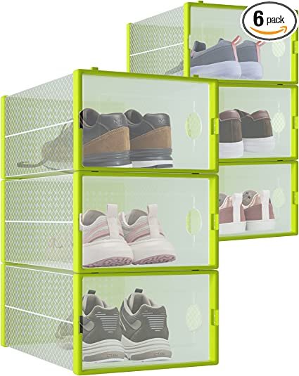 Photo 1 of 6-Pack Shoe Storage Boxes, Shoes Organizer for Closet, Clear Plastic Stackable Shoe Containers in 7 Sizes/Colors, Clear Shoe Boxes Stackable & Foldable for Sneaker Storage, Fits Shoes up to Size 10
