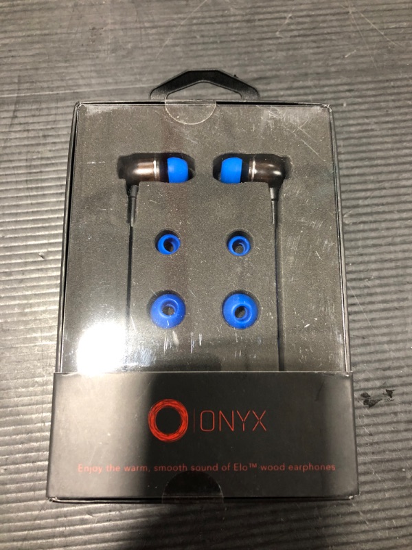 Photo 2 of Onyx Genuine Wood Wired in-Ear Headphones with Sound Isolation and Built-in Microphone (Ebony Wood - Blue)--- FACTORY SEALED