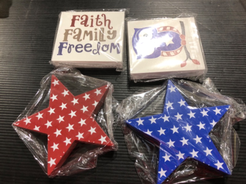 Photo 2 of 4 Pieces 4th of July Table Decoration,Patriotic Wood Star Box Sign Independence Memorial Day Fourth of July Tiered Tray Decor Ornaments for Home Party Dinner Coffee Topper House School Classroom