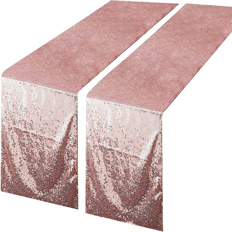 Photo 1 of 2 Pack 12 x 108 inches Sequin Table Runner for Birthday Wedding Bridal Shower Baby Shower Bachelorette Holiday Celebration Party Decorations Tables Supplies (2, Rose Gold) https://a.co/d/0L9WzAi