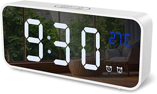 Photo 1 of Digital Alarm Clock, Mirror LED Music Digital Clock, Voice Control, 4 Adjustable Brightness, Dual Alarms, Temperature, Snooze, USB Charging Port for Bedroom, Bedside, Office, Kids, Elderly