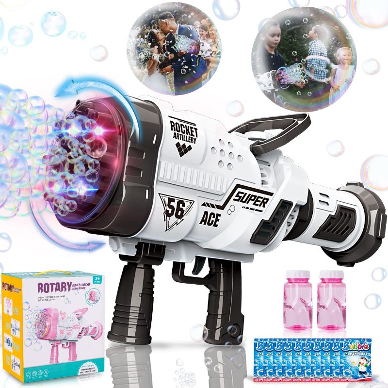 Photo 1 of Bubble Machine Gun, 56-Hole Rotate Rocket Bazooka Bubble Blower Gun with Colorful Lights, Giant Foam Maker Guns for TIK Tok Kids Adults Outdoor Birthday Party Wedding Summer Toy(Black) 